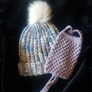 Cozy Multicolor Knit Pom-Pom Hat and Lavender Ear Warmer Set